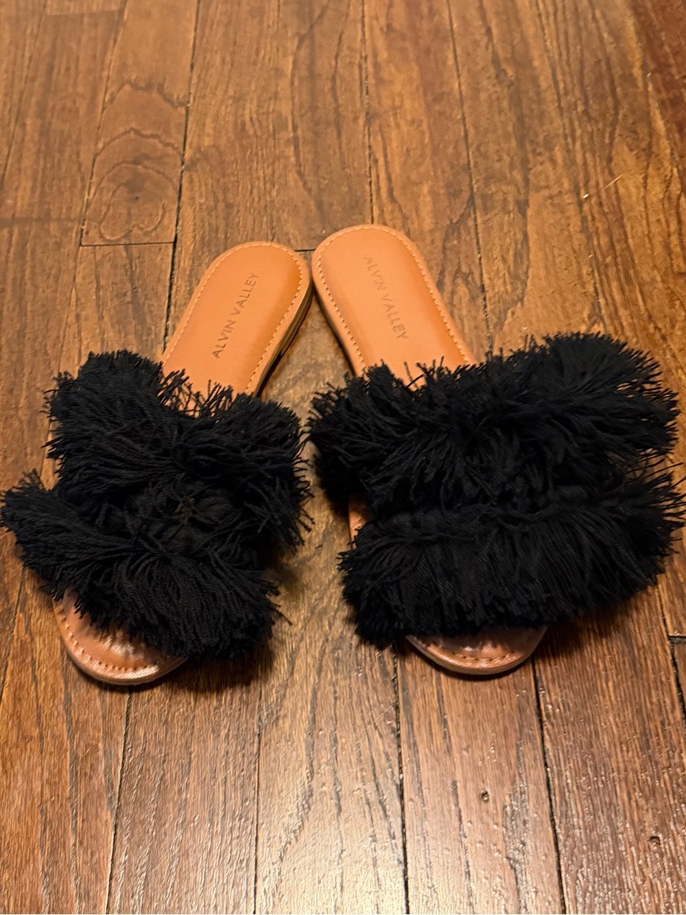 Alvin Valley Pom Pom Slides Black Fringe Leather Sandals Size 39 Worn Once